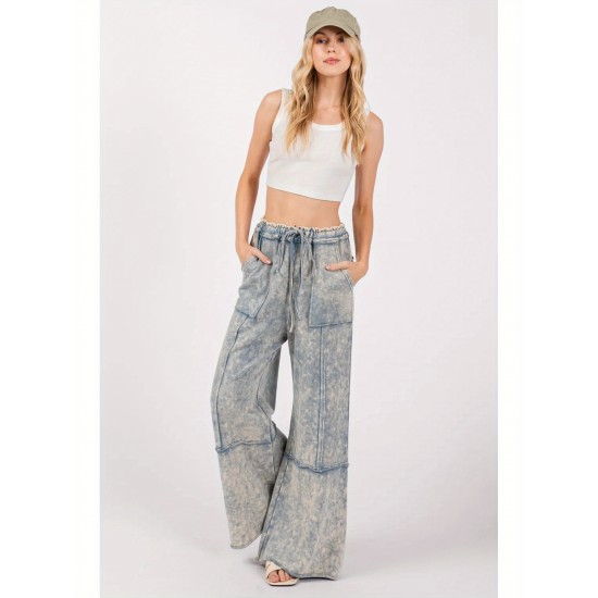 1pc Women'S Casual Cotton Wide Leg Pants with Drawstring and Pockets, Color Block Pattern, All-Season Loose Fit, Woven Fabric - Adult Fashion 1pc Women'S Casual Cotton Wide Leg Pants with Drawstring and Pockets, Color Block Pattern, All-Season Loose Fit, Woven Fabric - Adult Fashion