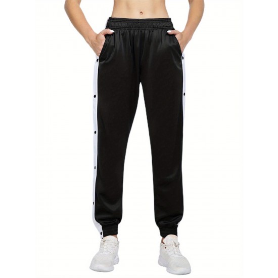 Women's High-Waist Joggers with Side Split - Casual Color Block, Buttoned Detail, Polyester, All-Season Fitness Pants Women's High-Waist Joggers with Side Split - Casual Color Block, Buttoned Detail, Polyester, All-Season Fitness Pants