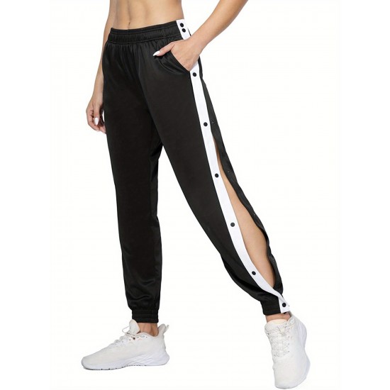 Women's High-Waist Joggers with Side Split - Casual Color Block, Buttoned Detail, Polyester, All-Season Fitness Pants Women's High-Waist Joggers with Side Split - Casual Color Block, Buttoned Detail, Polyester, All-Season Fitness Pants