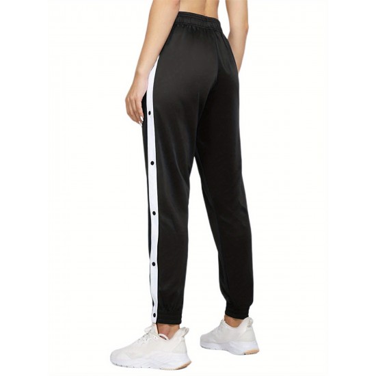 Women's High-Waist Joggers with Side Split - Casual Color Block, Buttoned Detail, Polyester, All-Season Fitness Pants Women's High-Waist Joggers with Side Split - Casual Color Block, Buttoned Detail, Polyester, All-Season Fitness Pants