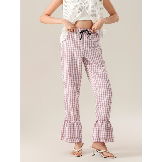 1pc Women'S Tartan Flared Pants - Casual Polyester Wide Leg with Tiered Ruffle, Lace-Up Bow Elastic Waistband, Full-Length Pull-On Trousers for All Seasons 1pc Women'S Tartan Flared Pants - Casual Polyester Wide Leg with Tiered Ruffle, Lace-Up Bow Elastic Waistband, Full-Length Pull-On Trousers for All Seasons