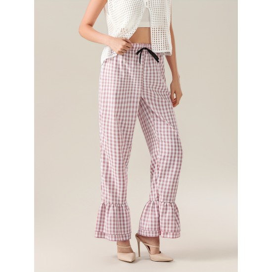 1pc Women'S Tartan Flared Pants - Casual Polyester Wide Leg with Tiered Ruffle, Lace-Up Bow Elastic Waistband, Full-Length Pull-On Trousers for All Seasons 1pc Women'S Tartan Flared Pants - Casual Polyester Wide Leg with Tiered Ruffle, Lace-Up Bow Elastic Waistband, Full-Length Pull-On Trousers for All Seasons
