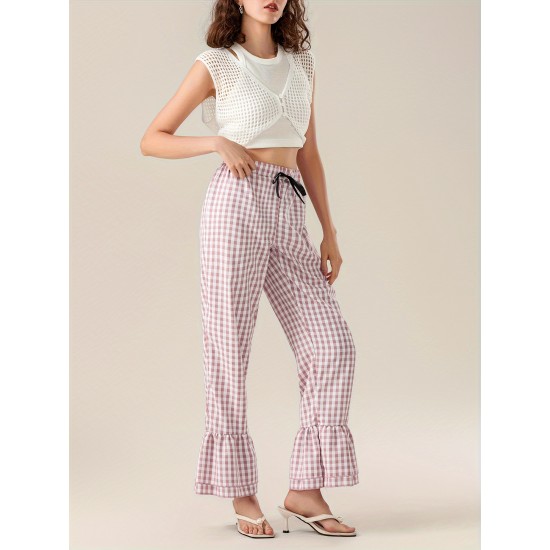 1pc Women'S Tartan Flared Pants - Casual Polyester Wide Leg with Tiered Ruffle, Lace-Up Bow Elastic Waistband, Full-Length Pull-On Trousers for All Seasons 1pc Women'S Tartan Flared Pants - Casual Polyester Wide Leg with Tiered Ruffle, Lace-Up Bow Elastic Waistband, Full-Length Pull-On Trousers for All Seasons