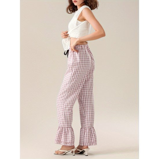 1pc Women'S Tartan Flared Pants - Casual Polyester Wide Leg with Tiered Ruffle, Lace-Up Bow Elastic Waistband, Full-Length Pull-On Trousers for All Seasons 1pc Women'S Tartan Flared Pants - Casual Polyester Wide Leg with Tiered Ruffle, Lace-Up Bow Elastic Waistband, Full-Length Pull-On Trousers for All Seasons