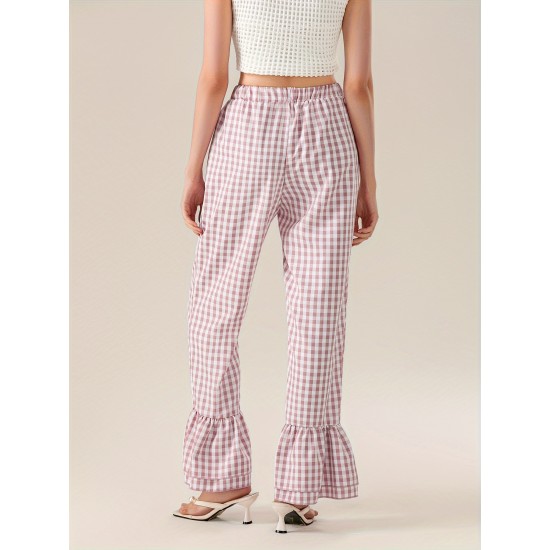 1pc Women'S Tartan Flared Pants - Casual Polyester Wide Leg with Tiered Ruffle, Lace-Up Bow Elastic Waistband, Full-Length Pull-On Trousers for All Seasons 1pc Women'S Tartan Flared Pants - Casual Polyester Wide Leg with Tiered Ruffle, Lace-Up Bow Elastic Waistband, Full-Length Pull-On Trousers for All Seasons