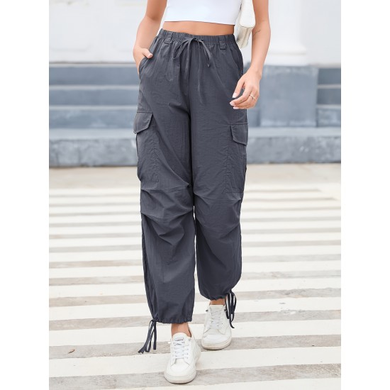 1pc GoyRrbay Women'S Casual Nylon Cargo Jogger Pants - Solid Color Drawstring Low Waist Baggy Trousers, All-Season Loose Fit Long Pants for Going Out, Woven Sports Pants for Adults 1pc GoyRrbay Women'S Casual Nylon Cargo Jogger Pants - Solid Color Drawstring Low Waist Baggy Trousers, All-Season Loose Fit Long Pants for Going Out, Woven Sports Pants for Adults