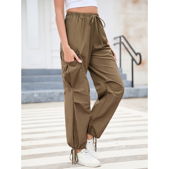 1pc GoyRrbay Women'S Casual Nylon Cargo Jogger Pants - Solid Color Drawstring Low Waist Baggy Trousers, All-Season Loose Fit Long Pants for Going Out, Woven Sports Pants for Adults 1pc GoyRrbay Women'S Casual Nylon Cargo Jogger Pants - Solid Color Drawstring Low Waist Baggy Trousers, All-Season Loose Fit Long Pants for Going Out, Woven Sports Pants for Adults