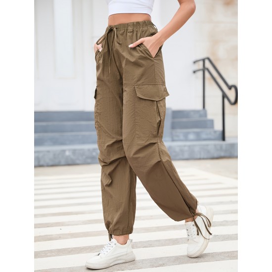 1pc GoyRrbay Women'S Casual Nylon Cargo Jogger Pants - Solid Color Drawstring Low Waist Baggy Trousers, All-Season Loose Fit Long Pants for Going Out, Woven Sports Pants for Adults 1pc GoyRrbay Women'S Casual Nylon Cargo Jogger Pants - Solid Color Drawstring Low Waist Baggy Trousers, All-Season Loose Fit Long Pants for Going Out, Woven Sports Pants for Adults