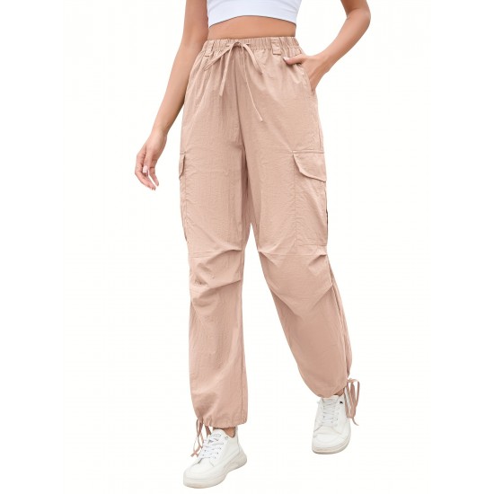 1pc GoyRrbay Women'S Casual Nylon Cargo Jogger Pants - Solid Color Drawstring Low Waist Baggy Trousers, All-Season Loose Fit Long Pants for Going Out, Woven Sports Pants for Adults 1pc GoyRrbay Women'S Casual Nylon Cargo Jogger Pants - Solid Color Drawstring Low Waist Baggy Trousers, All-Season Loose Fit Long Pants for Going Out, Woven Sports Pants for Adults