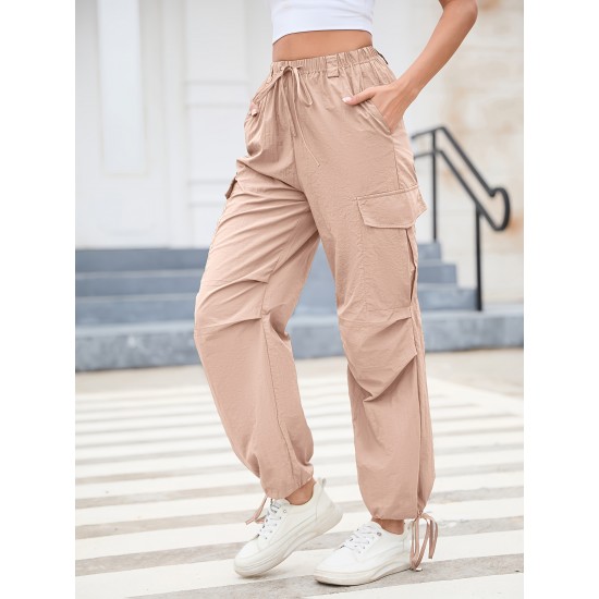 1pc GoyRrbay Women'S Casual Nylon Cargo Jogger Pants - Solid Color Drawstring Low Waist Baggy Trousers, All-Season Loose Fit Long Pants for Going Out, Woven Sports Pants for Adults 1pc GoyRrbay Women'S Casual Nylon Cargo Jogger Pants - Solid Color Drawstring Low Waist Baggy Trousers, All-Season Loose Fit Long Pants for Going Out, Woven Sports Pants for Adults