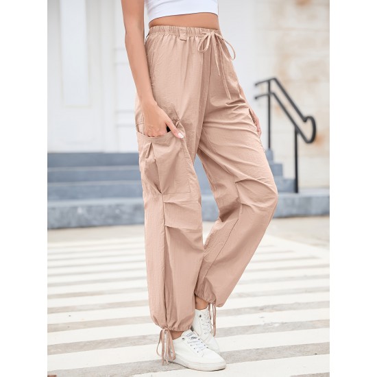 1pc GoyRrbay Women'S Casual Nylon Cargo Jogger Pants - Solid Color Drawstring Low Waist Baggy Trousers, All-Season Loose Fit Long Pants for Going Out, Woven Sports Pants for Adults 1pc GoyRrbay Women'S Casual Nylon Cargo Jogger Pants - Solid Color Drawstring Low Waist Baggy Trousers, All-Season Loose Fit Long Pants for Going Out, Woven Sports Pants for Adults
