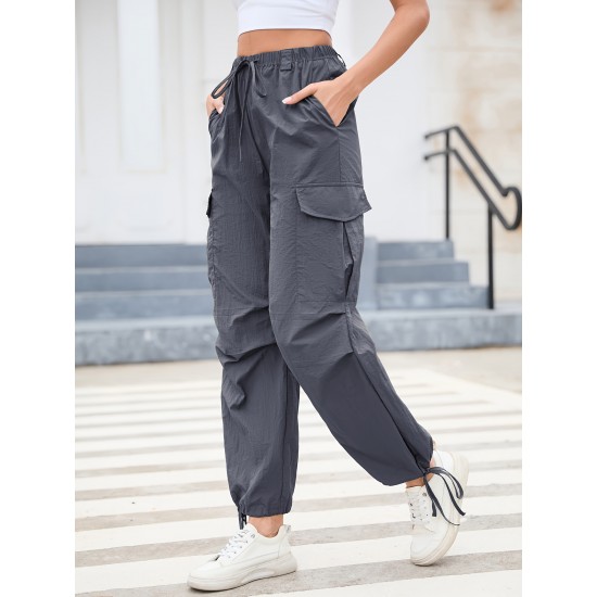 1pc GoyRrbay Women'S Casual Nylon Cargo Jogger Pants - Solid Color Drawstring Low Waist Baggy Trousers, All-Season Loose Fit Long Pants for Going Out, Woven Sports Pants for Adults 1pc GoyRrbay Women'S Casual Nylon Cargo Jogger Pants - Solid Color Drawstring Low Waist Baggy Trousers, All-Season Loose Fit Long Pants for Going Out, Woven Sports Pants for Adults