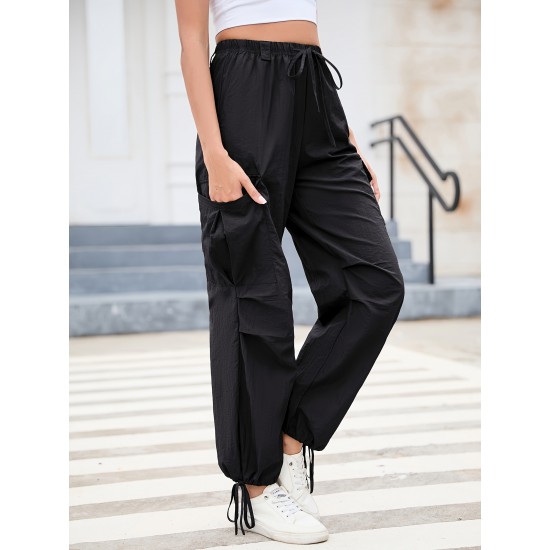 1pc GoyRrbay Women'S Casual Nylon Cargo Jogger Pants - Solid Color Drawstring Low Waist Baggy Trousers, All-Season Loose Fit Long Pants for Going Out, Woven Sports Pants for Adults 1pc GoyRrbay Women'S Casual Nylon Cargo Jogger Pants - Solid Color Drawstring Low Waist Baggy Trousers, All-Season Loose Fit Long Pants for Going Out, Woven Sports Pants for Adults