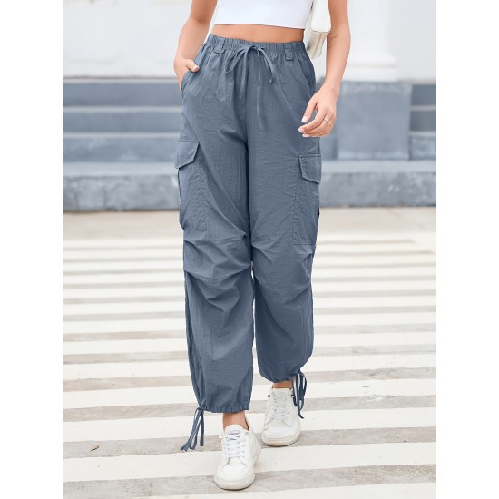 1pc GoyRrbay Women'S Casual Nylon Cargo Jogger Pants - Solid Color Drawstring Low Waist Baggy Trousers, All-Season Loose Fit Long Pants for Going Out, Woven Sports Pants for Adults 1pc GoyRrbay Women'S Casual Nylon Cargo Jogger Pants - Solid Color Drawstring Low Waist Baggy Trousers, All-Season Loose Fit Long Pants for Going Out, Woven Sports Pants for Adults