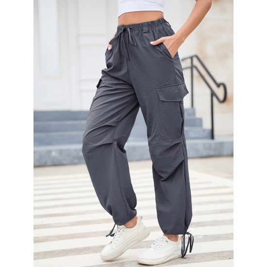 1pc GoyRrbay Women'S Casual Nylon Cargo Jogger Pants - Solid Color Drawstring Low Waist Baggy Trousers, All-Season Loose Fit Long Pants for Going Out, Woven Sports Pants for Adults 1pc GoyRrbay Women'S Casual Nylon Cargo Jogger Pants - Solid Color Drawstring Low Waist Baggy Trousers, All-Season Loose Fit Long Pants for Going Out, Woven Sports Pants for Adults
