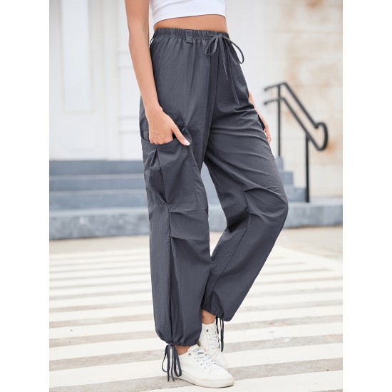 1pc GoyRrbay Women'S Casual Nylon Cargo Jogger Pants - Solid Color Drawstring Low Waist Baggy Trousers, All-Season Loose Fit Long Pants for Going Out, Woven Sports Pants for Adults 1pc GoyRrbay Women'S Casual Nylon Cargo Jogger Pants - Solid Color Drawstring Low Waist Baggy Trousers, All-Season Loose Fit Long Pants for Going Out, Woven Sports Pants for Adults