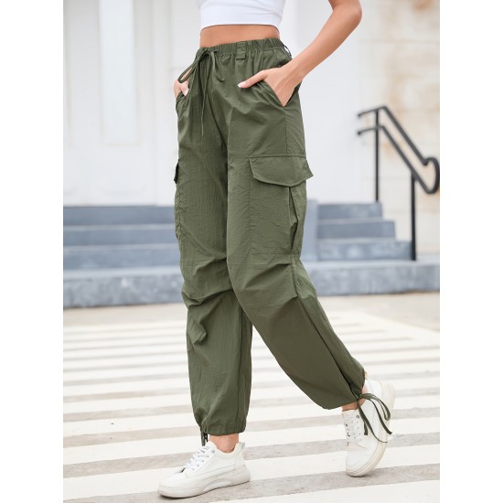 1pc GoyRrbay Women'S Casual Nylon Cargo Jogger Pants - Solid Color Drawstring Low Waist Baggy Trousers, All-Season Loose Fit Long Pants for Going Out, Woven Sports Pants for Adults 1pc GoyRrbay Women'S Casual Nylon Cargo Jogger Pants - Solid Color Drawstring Low Waist Baggy Trousers, All-Season Loose Fit Long Pants for Going Out, Woven Sports Pants for Adults