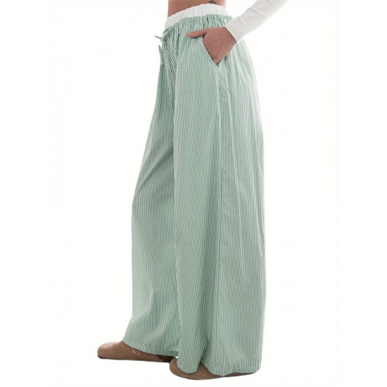 1pc Women'S Casual Polyester Wide Leg Pants, Solid Color All-Season Straight Leg Trousers with Pockets, Elastic Drawstring, Woven for Work Office Streetwear 1pc Women'S Casual Polyester Wide Leg Pants, Solid Color All-Season Straight Leg Trousers with Pockets, Elastic Drawstring, Woven for Work Office Streetwear