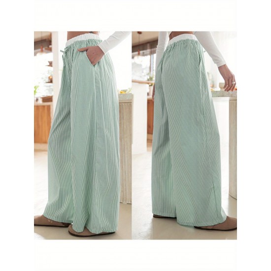 1pc Women'S Casual Polyester Wide Leg Pants, Solid Color All-Season Straight Leg Trousers with Pockets, Elastic Drawstring, Woven for Work Office Streetwear 1pc Women'S Casual Polyester Wide Leg Pants, Solid Color All-Season Straight Leg Trousers with Pockets, Elastic Drawstring, Woven for Work Office Streetwear