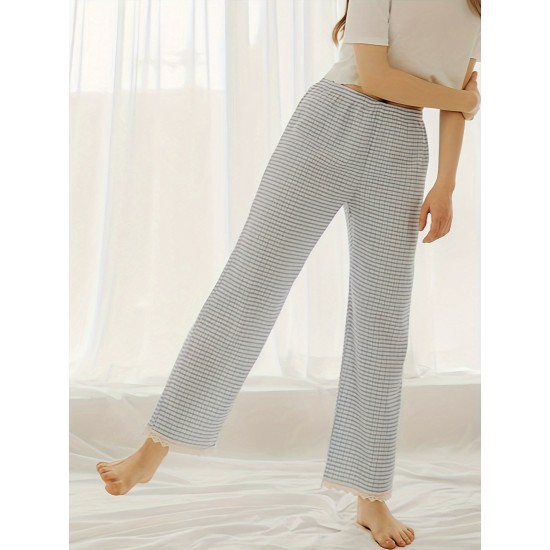 1pc Women'S All-Season Casual Polyester Lounge Pants with Lace Detail - Solid Color Woven Sports Pants for Home Comfort 1pc Women'S All-Season Casual Polyester Lounge Pants with Lace Detail - Solid Color Woven Sports Pants for Home Comfort