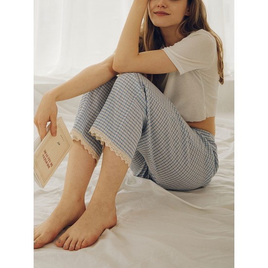1pc Women'S All-Season Casual Polyester Lounge Pants with Lace Detail - Solid Color Woven Sports Pants for Home Comfort 1pc Women'S All-Season Casual Polyester Lounge Pants with Lace Detail - Solid Color Woven Sports Pants for Home Comfort
