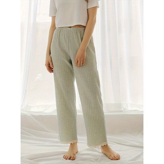 1pc Women'S All-Season Casual Polyester Lounge Pants with Lace Detail - Solid Color Woven Sports Pants for Home Comfort 1pc Women'S All-Season Casual Polyester Lounge Pants with Lace Detail - Solid Color Woven Sports Pants for Home Comfort