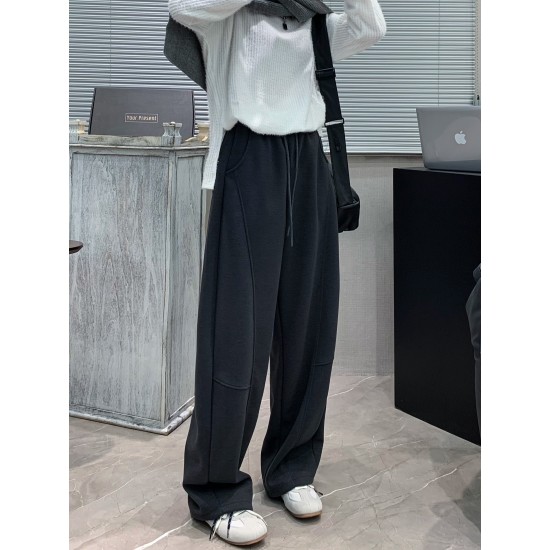 Women'S Casual Polyester Wide Leg Joggers, Loose Fit Knit Fabric Sweatpants, Solid Color, Long Length, with Shearling Lining, Elastic Waist with Drawstring, for Fall/Winter - Weekend Casual Style Women'S Casual Polyester Wide Leg Joggers, Loose Fit Knit Fabric Sweatpants, Solid Color, Long Length, with Shearling Lining, Elastic Waist with Drawstring, for Fall/Winter - Weekend Casual Style