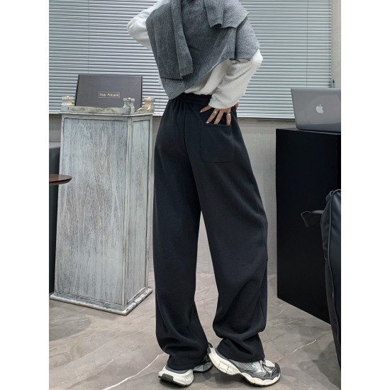 Women'S Casual Polyester Wide Leg Joggers, Loose Fit Knit Fabric Sweatpants, Solid Color, Long Length, with Shearling Lining, Elastic Waist with Drawstring, for Fall/Winter - Weekend Casual Style Women'S Casual Polyester Wide Leg Joggers, Loose Fit Knit Fabric Sweatpants, Solid Color, Long Length, with Shearling Lining, Elastic Waist with Drawstring, for Fall/Winter - Weekend Casual Style