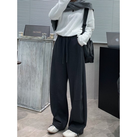 Women'S Casual Polyester Wide Leg Joggers, Loose Fit Knit Fabric Sweatpants, Solid Color, Long Length, with Shearling Lining, Elastic Waist with Drawstring, for Fall/Winter - Weekend Casual Style Women'S Casual Polyester Wide Leg Joggers, Loose Fit Knit Fabric Sweatpants, Solid Color, Long Length, with Shearling Lining, Elastic Waist with Drawstring, for Fall/Winter - Weekend Casual Style
