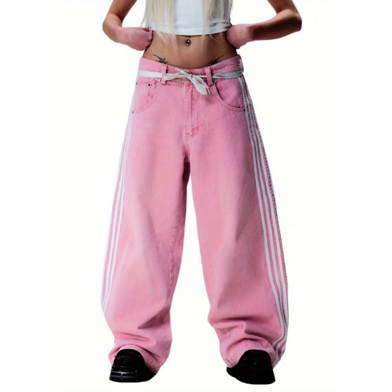 1pc Women'S Casual Wide Leg Faux Denim Pants with Striped Print, Cotton Loose Fit Trousers with Front Tie Bow Detail for Work Office Streetwear - All Seasons 1pc Women'S Casual Wide Leg Faux Denim Pants with Striped Print, Cotton Loose Fit Trousers with Front Tie Bow Detail for Work Office Streetwear - All Seasons