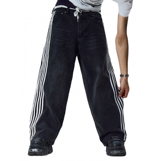 1pc Women'S Casual Wide Leg Faux Denim Pants with Striped Print, Cotton Loose Fit Trousers with Front Tie Bow Detail for Work Office Streetwear - All Seasons 1pc Women'S Casual Wide Leg Faux Denim Pants with Striped Print, Cotton Loose Fit Trousers with Front Tie Bow Detail for Work Office Streetwear - All Seasons