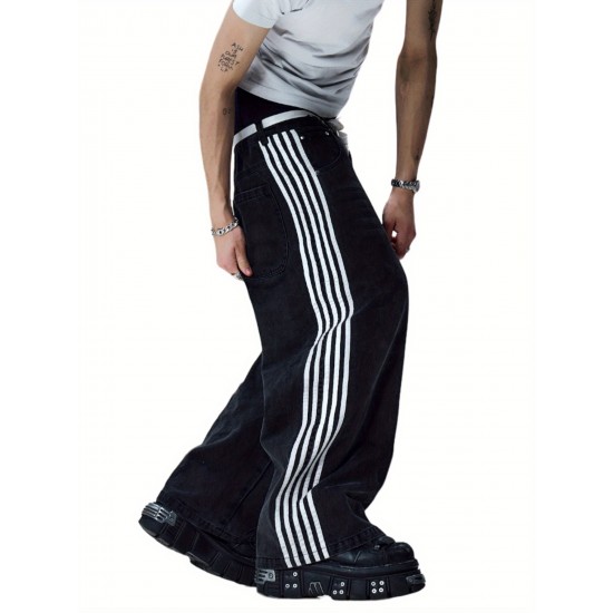1pc Women'S Casual Wide Leg Faux Denim Pants with Striped Print, Cotton Loose Fit Trousers with Front Tie Bow Detail for Work Office Streetwear - All Seasons 1pc Women'S Casual Wide Leg Faux Denim Pants with Striped Print, Cotton Loose Fit Trousers with Front Tie Bow Detail for Work Office Streetwear - All Seasons