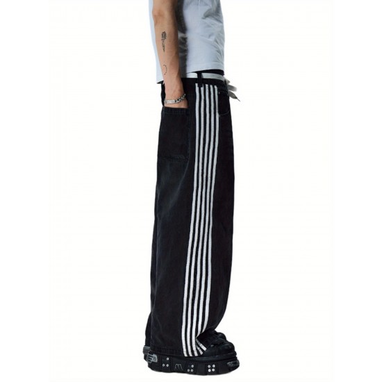 1pc Women'S Casual Wide Leg Faux Denim Pants with Striped Print, Cotton Loose Fit Trousers with Front Tie Bow Detail for Work Office Streetwear - All Seasons 1pc Women'S Casual Wide Leg Faux Denim Pants with Striped Print, Cotton Loose Fit Trousers with Front Tie Bow Detail for Work Office Streetwear - All Seasons