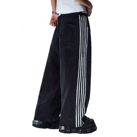 1pc Women'S Casual Wide Leg Faux Denim Pants with Striped Print, Cotton Loose Fit Trousers with Front Tie Bow Detail for Work Office Streetwear - All Seasons 1pc Women'S Casual Wide Leg Faux Denim Pants with Striped Print, Cotton Loose Fit Trousers with Front Tie Bow Detail for Work Office Streetwear - All Seasons