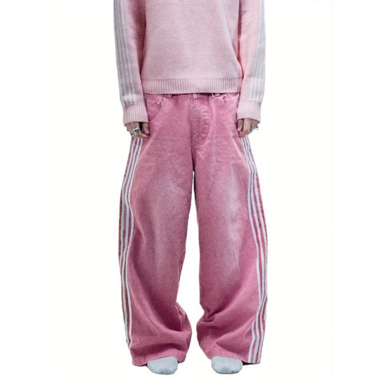 1pc Women'S Casual Wide Leg Faux Denim Pants with Striped Print, Cotton Loose Fit Trousers with Front Tie Bow Detail for Work Office Streetwear - All Seasons 1pc Women'S Casual Wide Leg Faux Denim Pants with Striped Print, Cotton Loose Fit Trousers with Front Tie Bow Detail for Work Office Streetwear - All Seasons