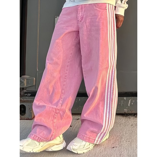 1pc Women'S Casual Wide Leg Faux Denim Pants with Striped Print, Cotton Loose Fit Trousers with Front Tie Bow Detail for Work Office Streetwear - All Seasons 1pc Women'S Casual Wide Leg Faux Denim Pants with Striped Print, Cotton Loose Fit Trousers with Front Tie Bow Detail for Work Office Streetwear - All Seasons