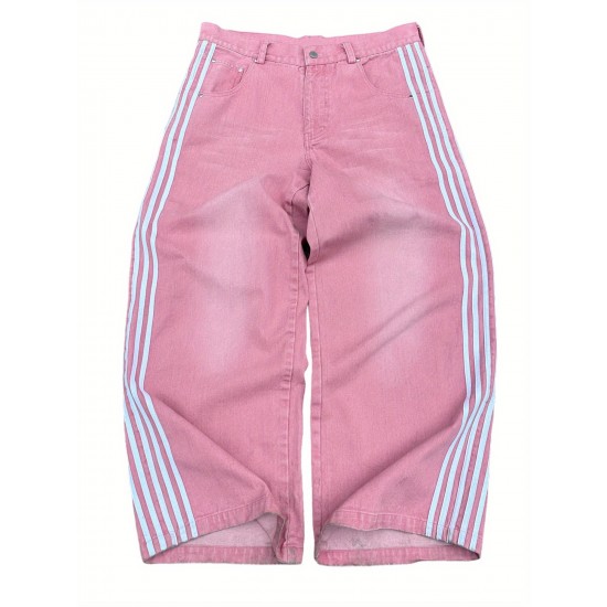 1pc Women'S Casual Wide Leg Faux Denim Pants with Striped Print, Cotton Loose Fit Trousers with Front Tie Bow Detail for Work Office Streetwear - All Seasons 1pc Women'S Casual Wide Leg Faux Denim Pants with Striped Print, Cotton Loose Fit Trousers with Front Tie Bow Detail for Work Office Streetwear - All Seasons