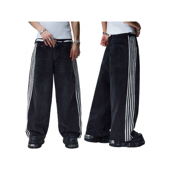 1pc Women'S Casual Wide Leg Faux Denim Pants with Striped Print, Cotton Loose Fit Trousers with Front Tie Bow Detail for Work Office Streetwear - All Seasons 1pc Women'S Casual Wide Leg Faux Denim Pants with Striped Print, Cotton Loose Fit Trousers with Front Tie Bow Detail for Work Office Streetwear - All Seasons