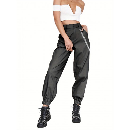 1pc Women'S High Waist Cargo Pants, Solid Color Casual Trousers with Chain Side Pockets, Elastic Ankle Joggers 1pc Women'S High Waist Cargo Pants, Solid Color Casual Trousers with Chain Side Pockets, Elastic Ankle Joggers