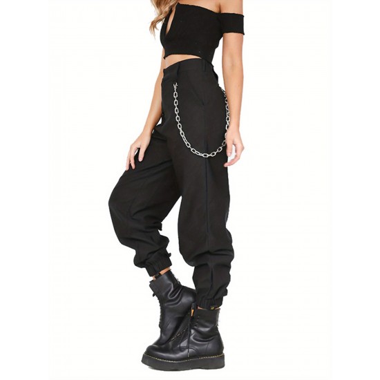 1pc Women'S High Waist Cargo Pants, Solid Color Casual Trousers with Chain Side Pockets, Elastic Ankle Joggers 1pc Women'S High Waist Cargo Pants, Solid Color Casual Trousers with Chain Side Pockets, Elastic Ankle Joggers