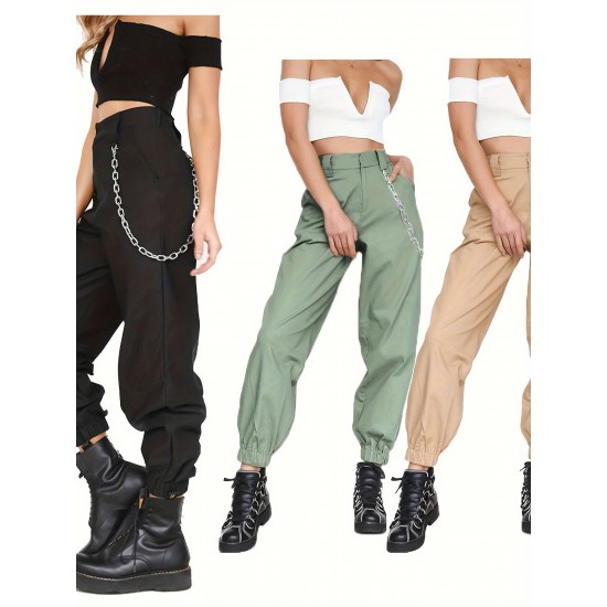 1pc Women'S High Waist Cargo Pants, Solid Color Casual Trousers with Chain Side Pockets, Elastic Ankle Joggers 1pc Women'S High Waist Cargo Pants, Solid Color Casual Trousers with Chain Side Pockets, Elastic Ankle Joggers