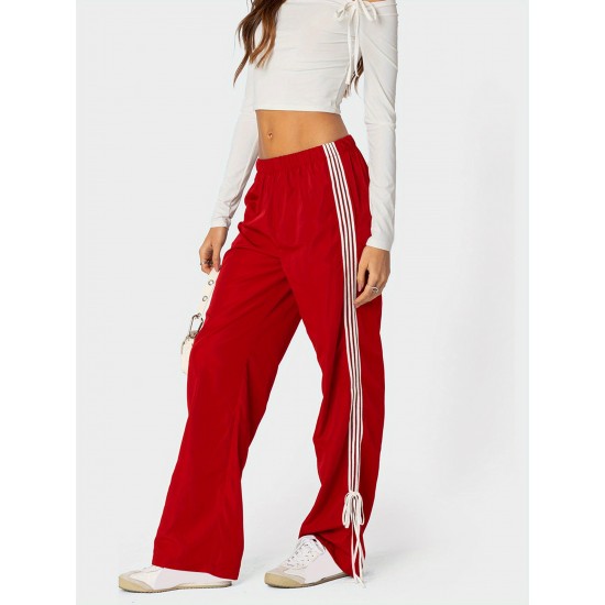 Women's Vintage-Inspired Side Striped Bow Joggers - Comfortable, Elastic Waist with Pockets for Spring & Fall Women's Vintage-Inspired Side Striped Bow Joggers - Comfortable, Elastic Waist with Pockets for Spring & Fall