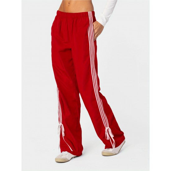 Women's Vintage-Inspired Side Striped Bow Joggers - Comfortable, Elastic Waist with Pockets for Spring & Fall Women's Vintage-Inspired Side Striped Bow Joggers - Comfortable, Elastic Waist with Pockets for Spring & Fall