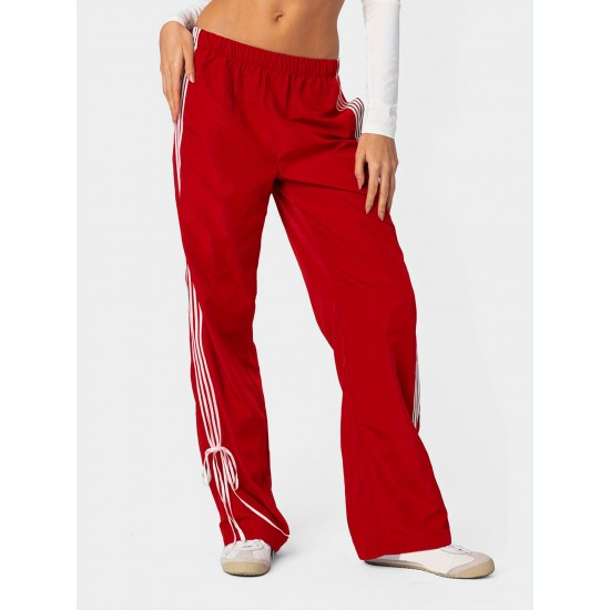Women's Vintage-Inspired Side Striped Bow Joggers - Comfortable, Elastic Waist with Pockets for Spring & Fall Women's Vintage-Inspired Side Striped Bow Joggers - Comfortable, Elastic Waist with Pockets for Spring & Fall