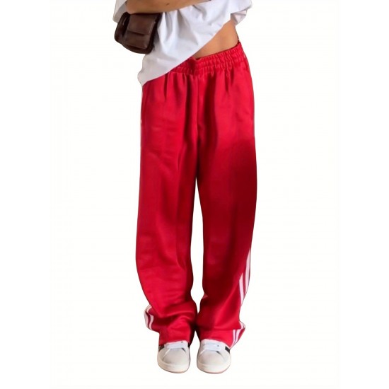 Women's Striped Drawstring Sweatpants - Casual Elastic Waist, Straight Leg with Pockets, Machine Washable Women's Striped Drawstring Sweatpants - Casual Elastic Waist, Straight Leg with Pockets, Machine Washable