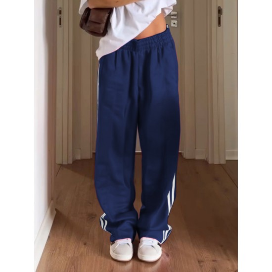 Women's Striped Drawstring Sweatpants - Casual Elastic Waist, Straight Leg with Pockets, Machine Washable Women's Striped Drawstring Sweatpants - Casual Elastic Waist, Straight Leg with Pockets, Machine Washable