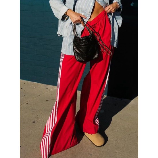 Women's Striped Drawstring Sweatpants - Casual Elastic Waist, Straight Leg with Pockets, Machine Washable Women's Striped Drawstring Sweatpants - Casual Elastic Waist, Straight Leg with Pockets, Machine Washable
