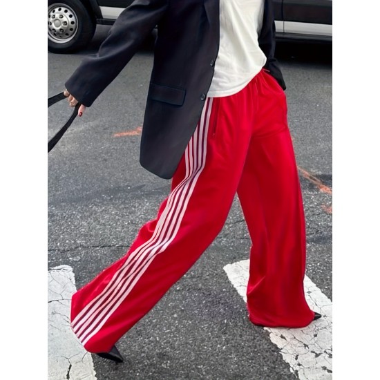 Women's Striped Drawstring Sweatpants - Casual Elastic Waist, Straight Leg with Pockets, Machine Washable Women's Striped Drawstring Sweatpants - Casual Elastic Waist, Straight Leg with Pockets, Machine Washable