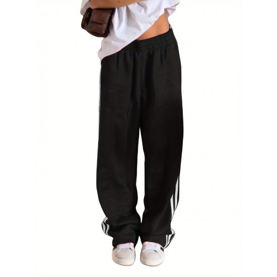 Women's Striped Drawstring Sweatpants - Casual Elastic Waist, Straight Leg with Pockets, Machine Washable Women's Striped Drawstring Sweatpants - Casual Elastic Waist, Straight Leg with Pockets, Machine Washable