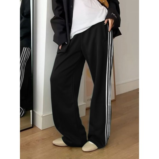 Women's Striped Drawstring Sweatpants - Casual Elastic Waist, Straight Leg with Pockets, Machine Washable Women's Striped Drawstring Sweatpants - Casual Elastic Waist, Straight Leg with Pockets, Machine Washable